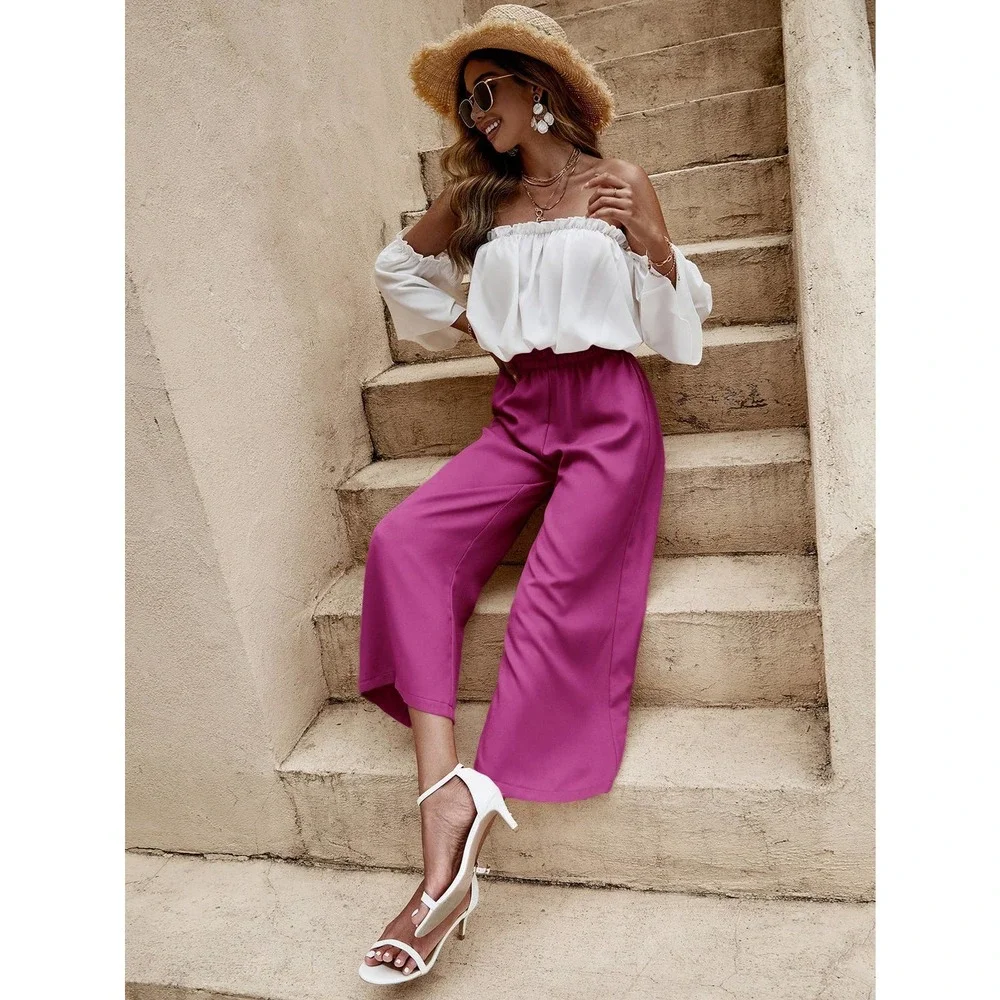 2 piece set: boho Off The Shoulder Frill Trim crop Top & wide leg pants blue - Picture 4 of 11